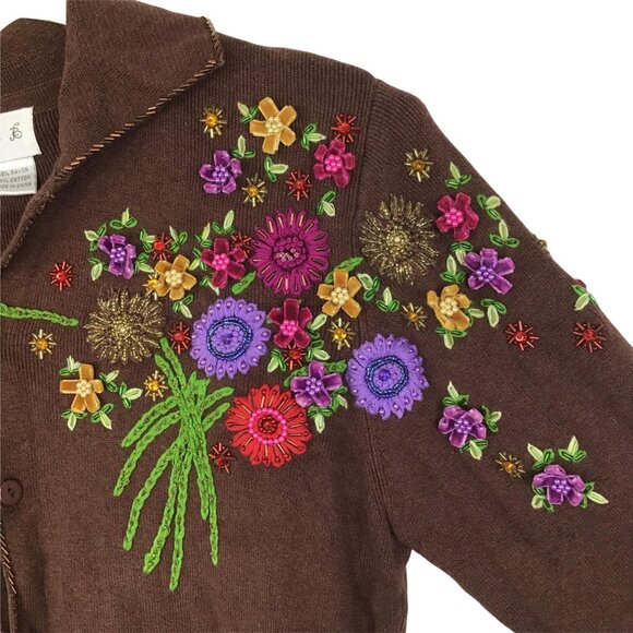 Vintage Just B Womens M Brown Front Button Sweater Floral Embroidery Collar - Picture 4 of 12